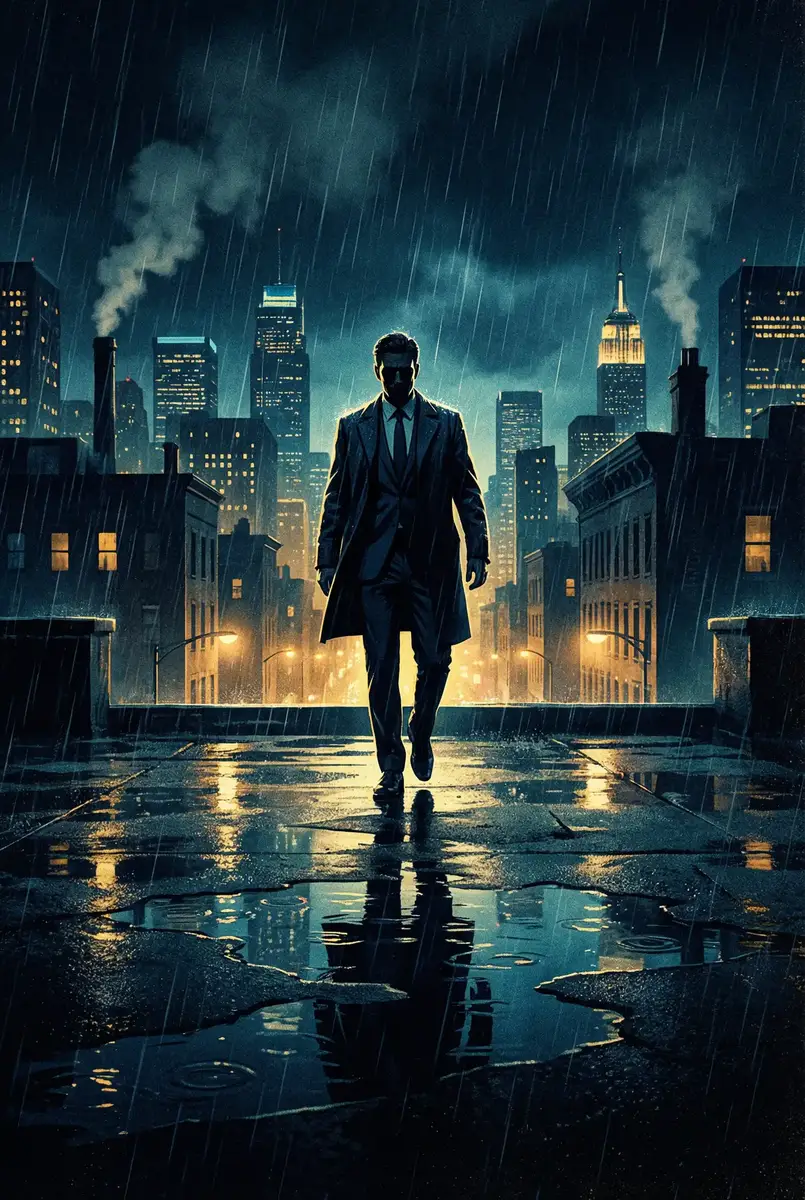 《亲爱的老师6在线播放》 出品影片《雨夜独行者》海报，雨中城市屋顶男性剪影
